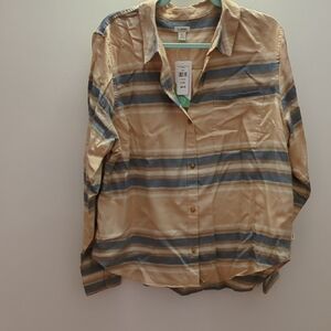 LL bean Womens Button Down Tan and Blue Size XL NWT